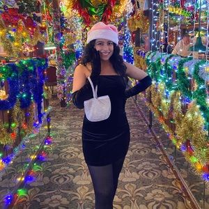 Black mini dress with gloves